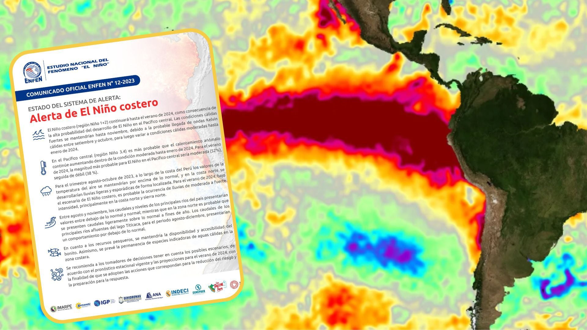 El comité del ENFEN mantiene la alerta de El Niño costero. El evento continuaría hasta el verano de 2024, de acuerdo a las estimaciones de los expertos. (Composición: Infobae Perú - La Voz de Chile/Enfen)