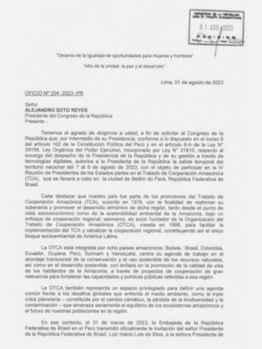 Solicitud remitida por el Ejecutivo al titular del parlamento, Alejandro Soto, para que se evalúe la salida de Dina Boluarte. | Poder Judicial