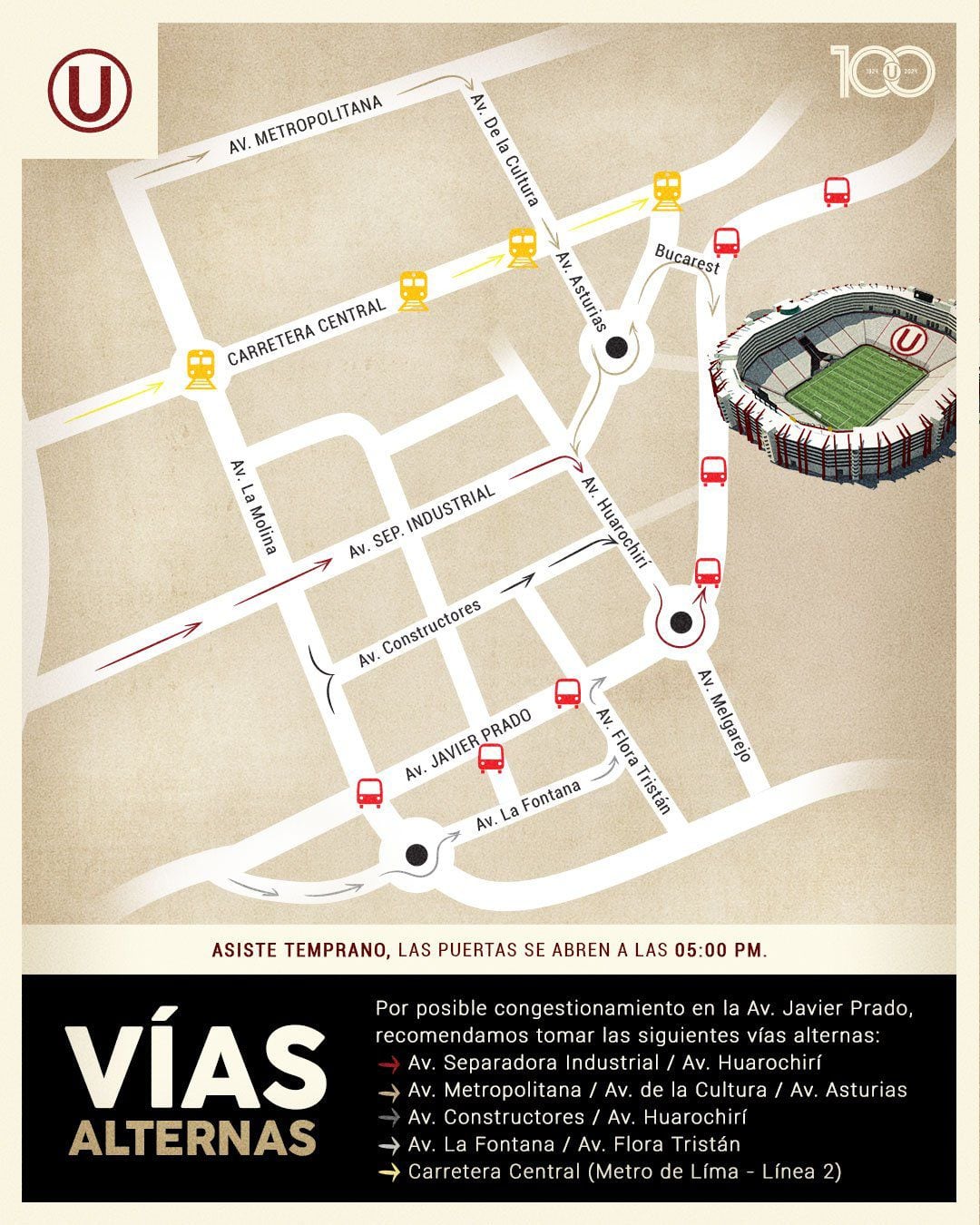 Rutas de acceso al Estadio Monumental para el Universitario vs Comerciantes Unidos.