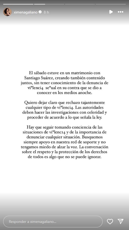 Ximena Galiano rechaza cualquier tipo de violencia y pide que las autoridades investiguen con celeridad.