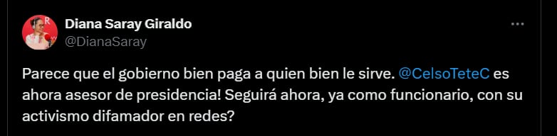 Diana Saray sobre el posible nombramiento de Celso Tete Crespo como asesor en Presidencia - crédito @Danielbricen/X