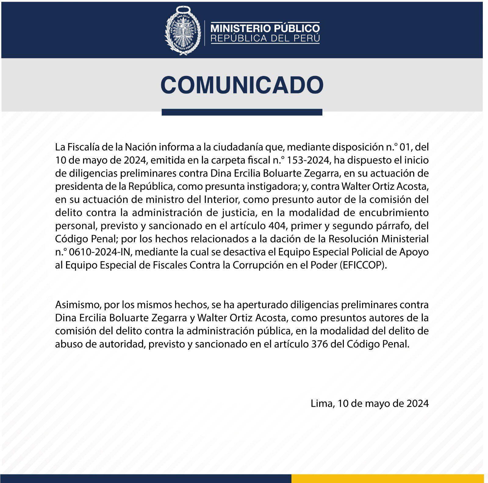 Comunicado publicado por el Ministerio Público en relación con las diligencias preliminares contra la presidenta Dina Boluarte.