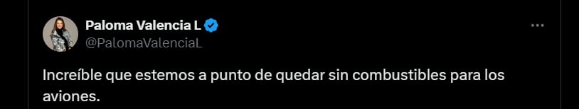 La senadora consideró como "increíble" lo que sucede con los combustibles en el país - crédito @PalomaValenciaL/X