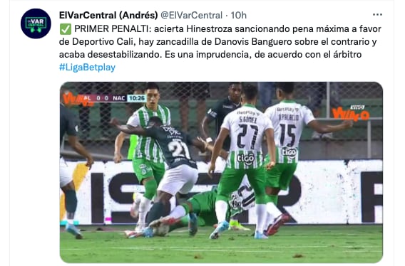 The arbitration controversies in the Cali-Nacional match (Liga BetPlay 2022-I). Screenshot