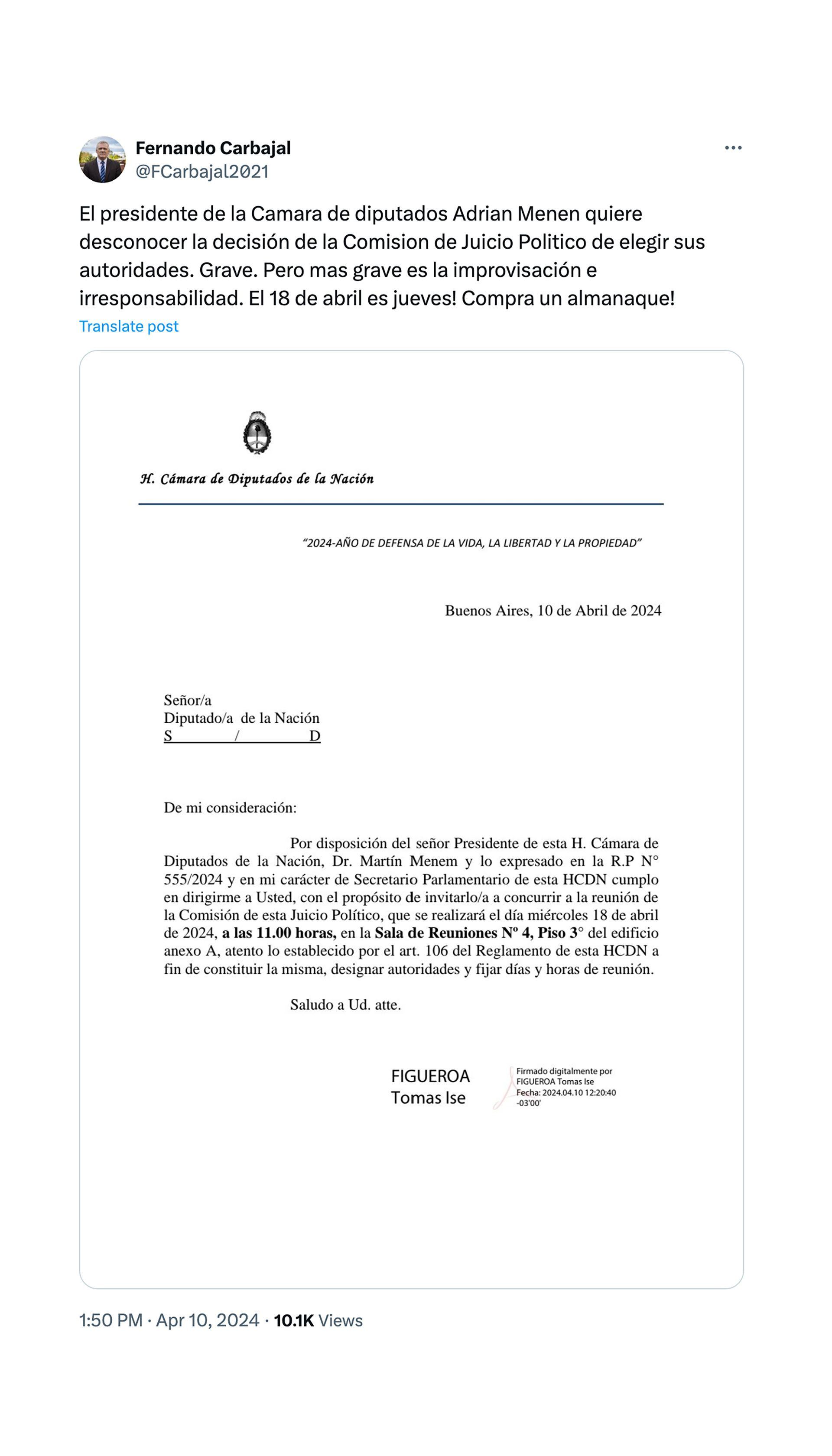 Comunicado convocatoria comision juicio político diputado Fernando Carbajal