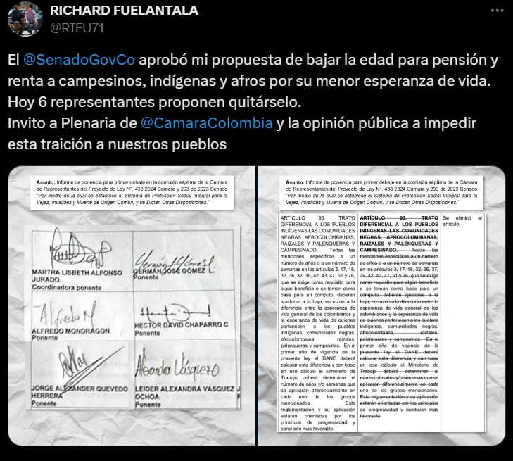 Senador Fuelantala sobre el retiro del artículo 93 en la reforma pensional @RIFU71/X