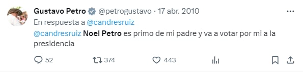 Petro dice que Noel Petro es su primo en segundo grado - @petrogustavo/X