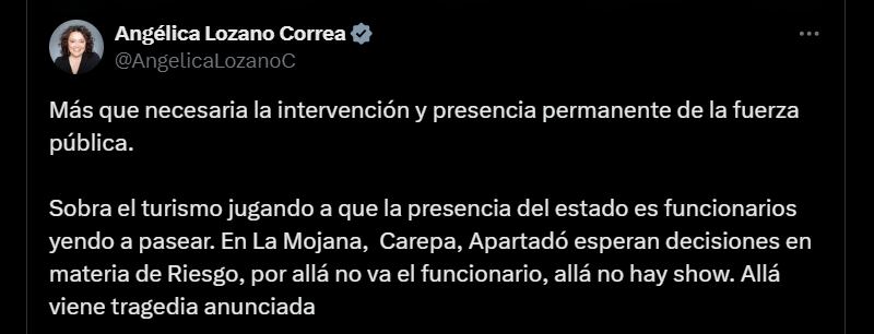 Senadora Angélica Lozano sobre la presencia del Estado en el resguardo de El Plateado - crédito @AngelicaLozanoC/X