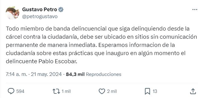 Petro publicó su postura sobre delincuentes en las cárceles - crédito @petrogustavo/X