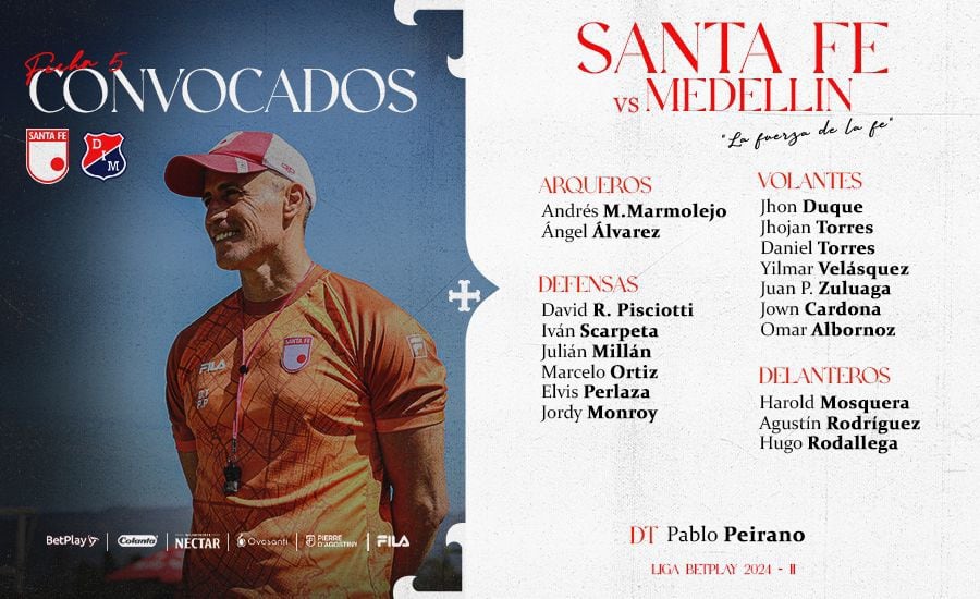 El equipo de Pablo Peirano contará con su grupo de forma completa para el encuentro ante Medellín - crédito @SantaFe / X