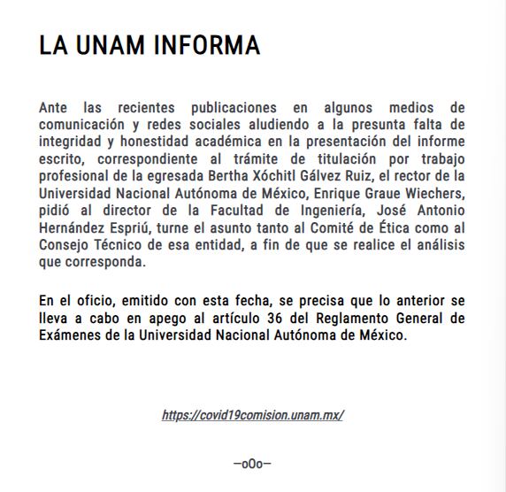 La UNAM emitió un comunicado de prensa tras los rumores de plagio por parte de Xóchitl Gálvez (UNAM)