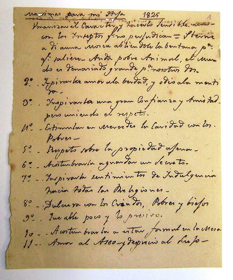 Manuscrito de las máximas que José de San Martín dejó, en 1825, para la crianza de su hija Merceditas.