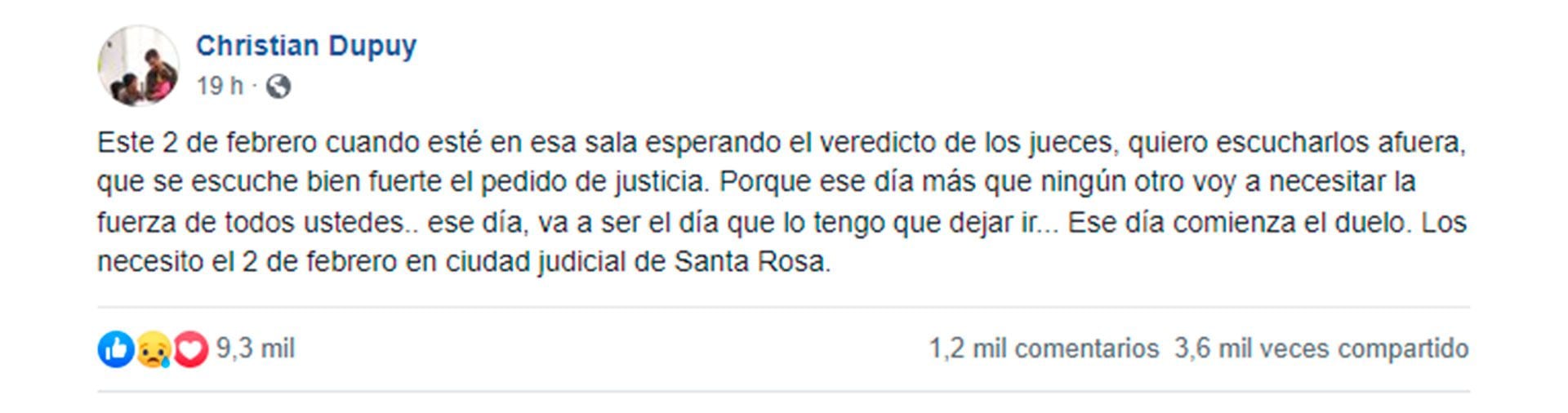 Christian, el padre de Lucio Dupuy, convocó a una marcha para el próximo 2 de febrero, día en el que se conocerá el veredicto sobre la condena que recibirán la madre del pequeño y la pareja por homicidio. 