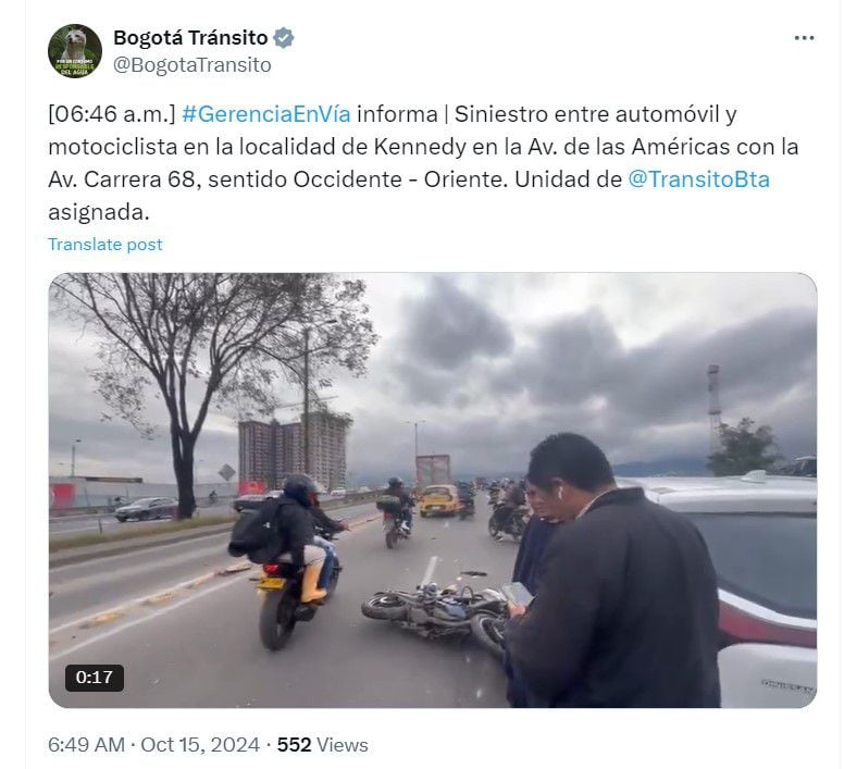 Accidente de un motociclista en la avenida de las Américas - crédito @BogotaTransito/X