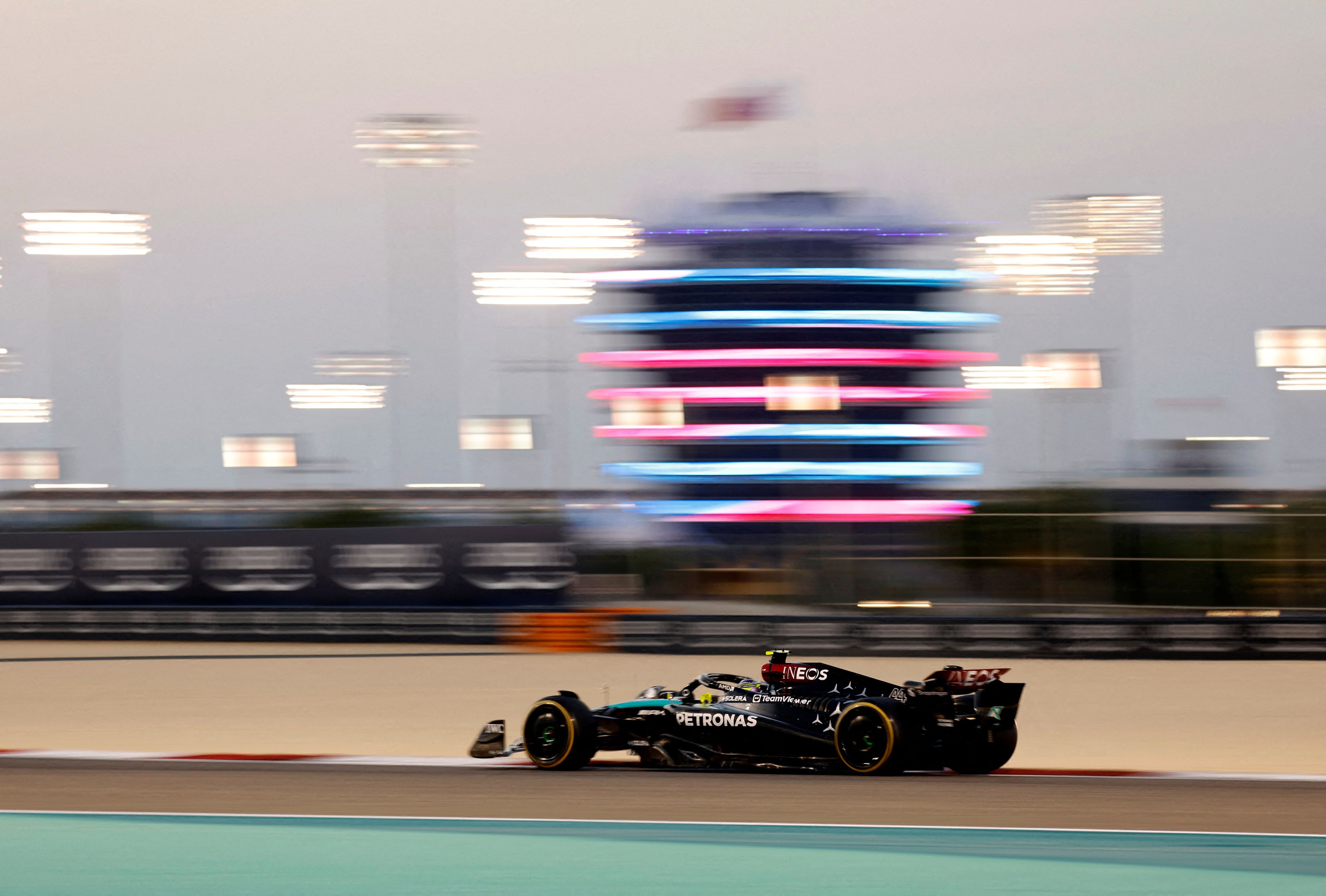 FILE PHOTO: Formula One F1 - Pre-Season Testing - Bahrain International Circuit, Sakhir, Bahrain - February 22, 2024 Mercedes' Lewis Hamilton in action during testing REUTERS/Hamad I Mohammed/File Photo