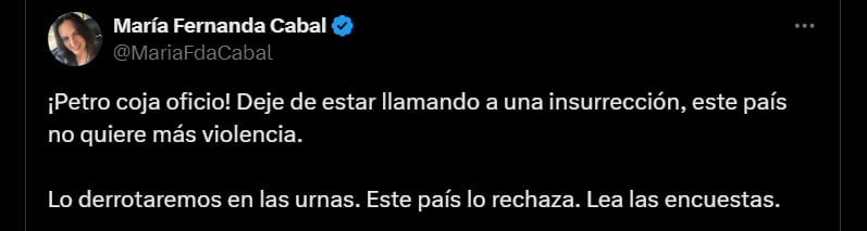 María Fernanda Cabal sobre las palabras de Gustavo Petro de un supuesto golpe de Estado - crédito @MariaFdaCabal/X