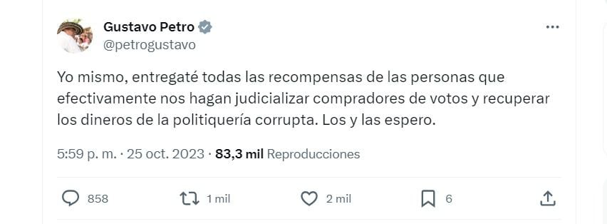 Con este mensaje en su perfil de X, el presidente de la República, Gustavo Petro, indicó que será él mismo el que entregue los incentivos a quienes pongan en evidencia delitos electorales - crédito @petrogustavo/X