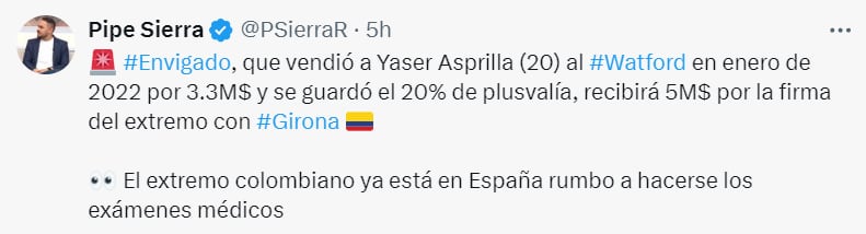 El jugador colombiano tiene todo acordado para jugar en el fútbol español - crédito @PSierraR/X