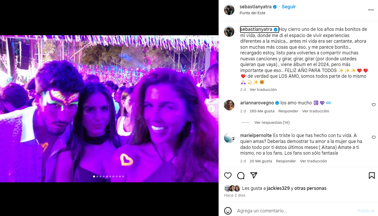 Sebastián Yatra pasó Año Nuevo con Arianna Rovegno, la hermana de Alessia Rovegno e hija de Bárbara Cayo.