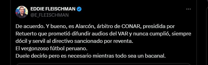 La contundente publicación de Eddie Fleischman sobre el polémico penal en Alianza Lima vs Atlético Grau.