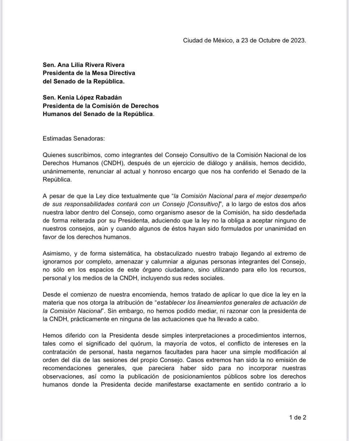 La CNDH se queda por segunda vez sin integrantes del Consejo Consultivo durante la presidencia de Rosario Piedra Ibarra (X/@letroblesrosa)