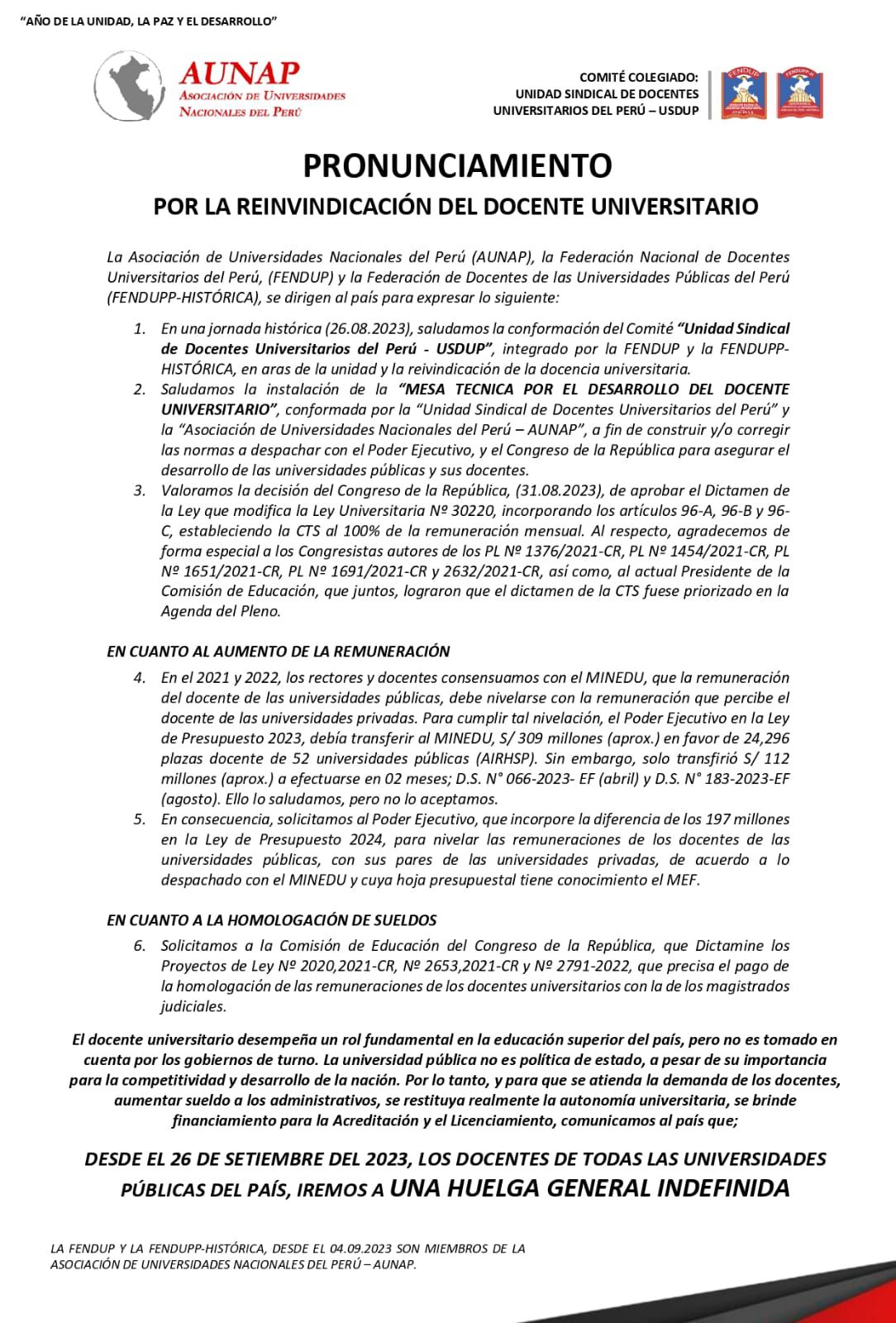 Comunicado de la Asociación de Universidades Nacionales del Perú (AUNAP).