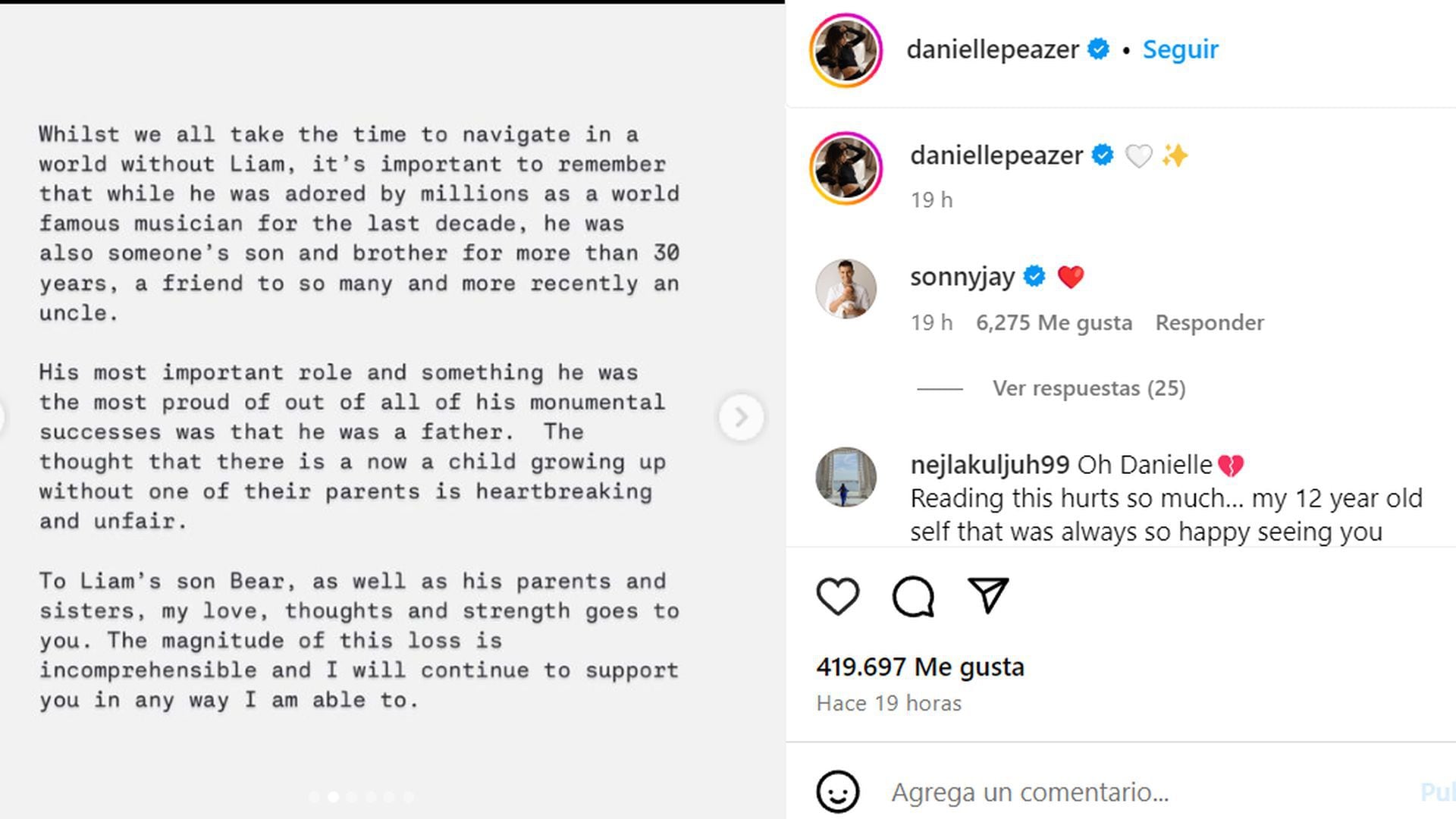 Peazer reflexionó sobre la conexión especial que mantuvo con Payne hasta su muerte (Instagram/@daniellepeazer)