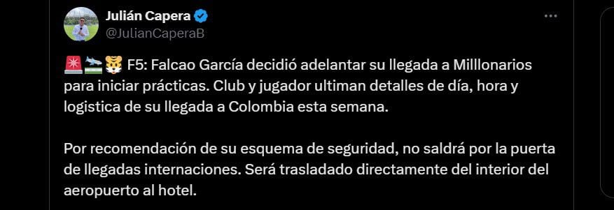 Falcao García estaría adelantando su llegada a Bogotá y las autoridades alistan la logística para su recibimiento - crédito @JulianCaperaB/X