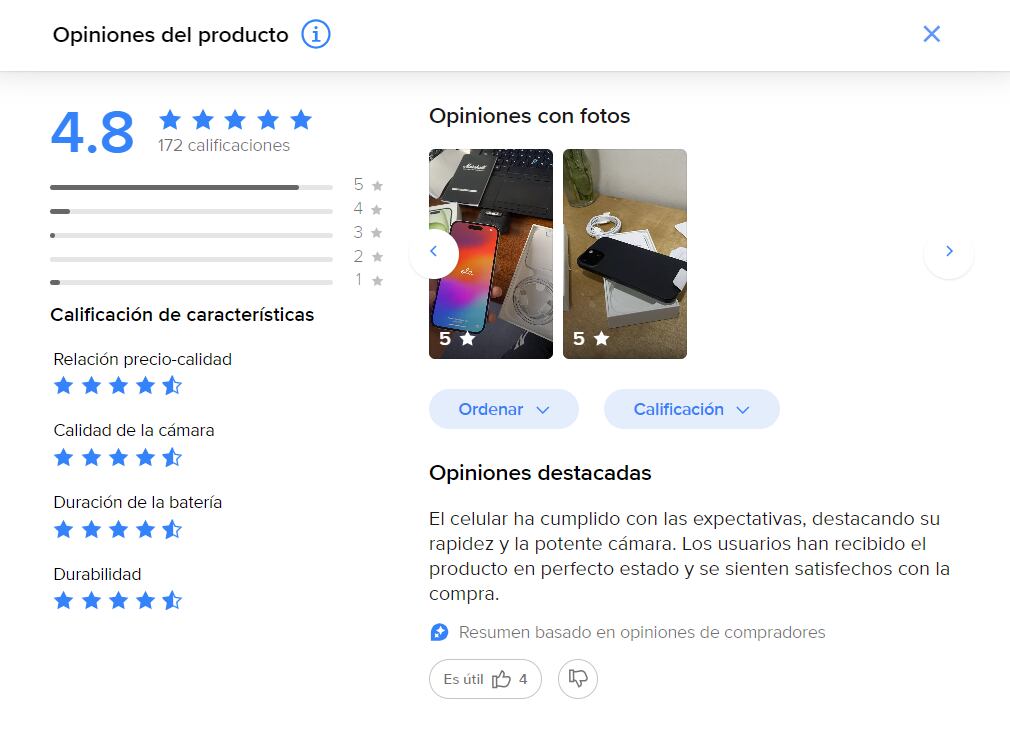 Mercado Libre ofrece resúmenes de los comentarios. (Mercado Libre)