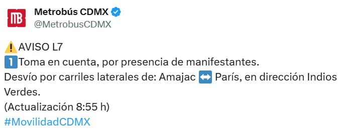 Avance en tiempo real de las diversas líneas del transporte colectivo terrestre capitalino. (TW MB CDMX)