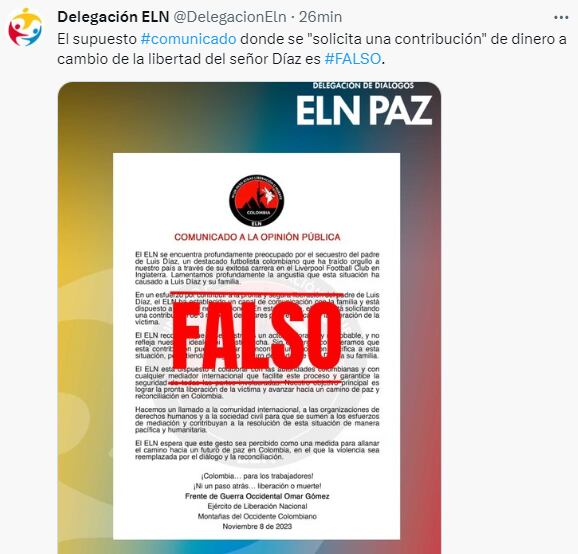 El ELN desmiente que esté pidiendo dinero por la liberación del padre de Luis Díaz.