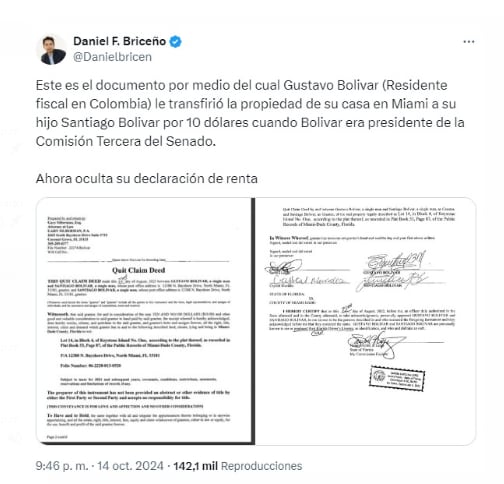 Daniel Briceño, concejal del Centro Democrático, acusó a Gustavo Bolívar de utilizar un mecanismo legal en Estados Unidos para transferir una propiedad a su hijo en USD 10 - crédito @DanielBricen/X