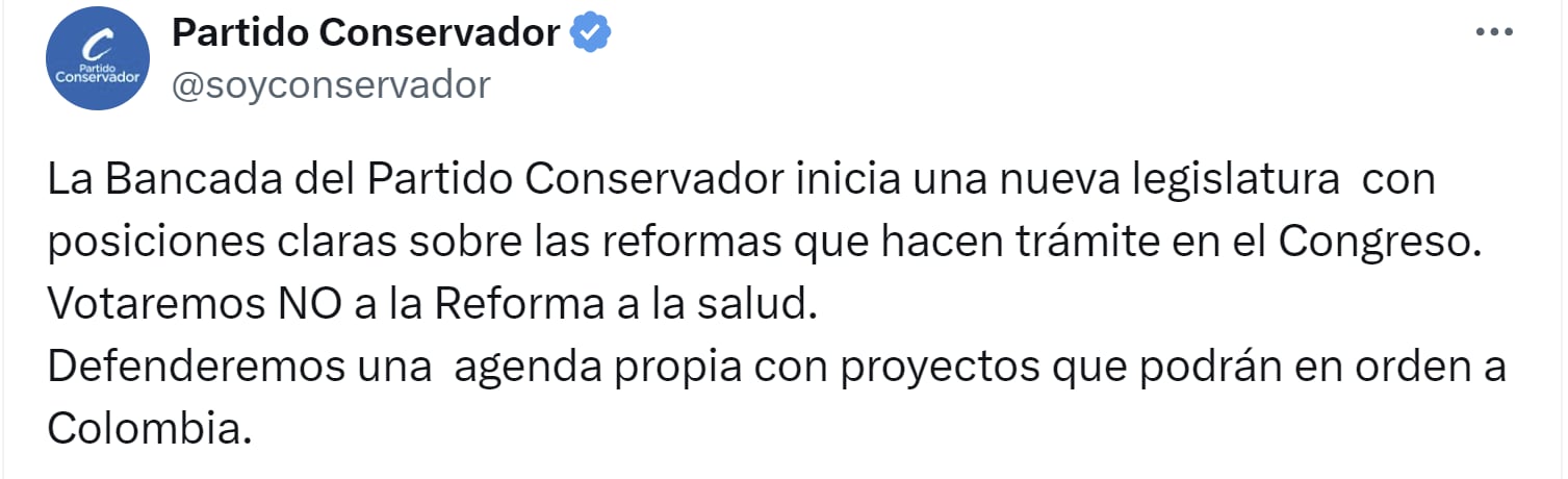 El Partido Conservador anunció que no apoyará la reforma a la salud en el Senado - crédito X