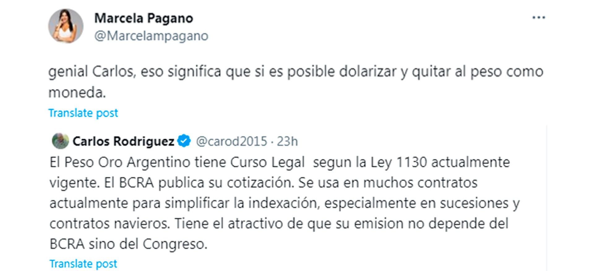 Marcela Pagano, candidata a diputada nacional por La Libertad Avanza, y el economista y asesor de Javier Milei, Carlos Rodriguez, discutieron el uso del Argentino Oro como solución legal para una dolarización