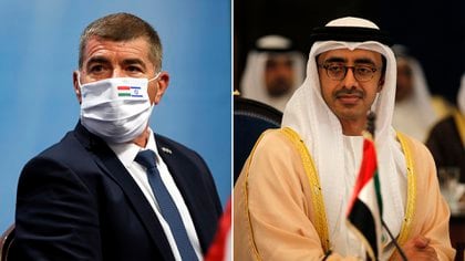 Los cancilleres Gabi Ashkenazi (Israel) y Abdullah bin Zayed al Nahyan (Emiratos Árabes Unidos), hablaron este domingo tras el restablecimiento de las relaciones diplomáticas entre los dos países (Reuters)