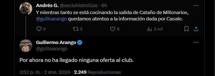 Ante los rumores de una salida de Daniel Cataño de Millonarios, todo indica que no hay ofertas por el volante - crédito @guilloarango/X