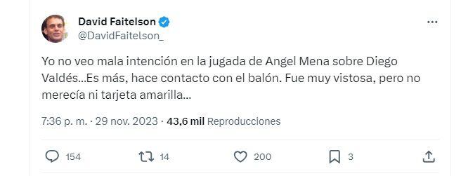 Faitelson cree que no era roja y aplaudió la decisión del árbitro (Twitter/ @DavidFaitelson_)