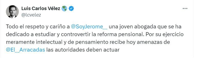 Luis Carlos Vélez, periodista, mostró su apoyo a Jerome Sanabria - crédito @Lcvelez/X