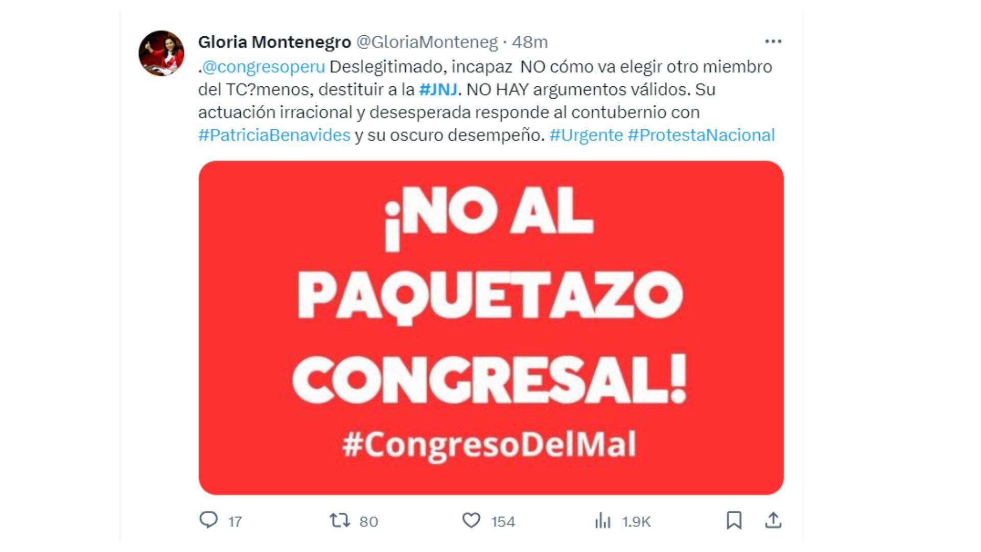 Exministra de la Mujer se pronunció en contra del Parlamento| Twitter