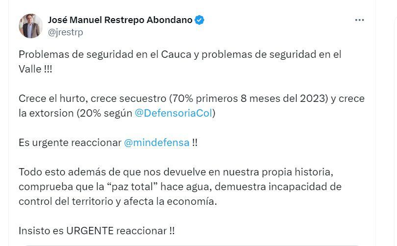 José Manuel Restrepo, exministro de Hacienda, exigió acciones urgentes al Ministerio de Defensa ante los ataques terroristas en Valle y Cauca - crédito  @Jrestrp/X