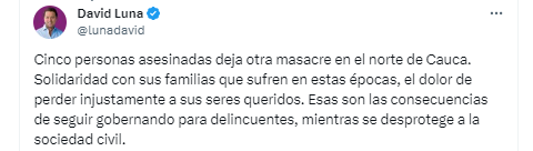 Senador de Cambio Radical David Luna, se pronunció frente a la reciente masacre que dejó cinco personas muertas, presuntamente, perpetrada por integrantes de las disidencias de las Farc - crédito @LunaDavid / X