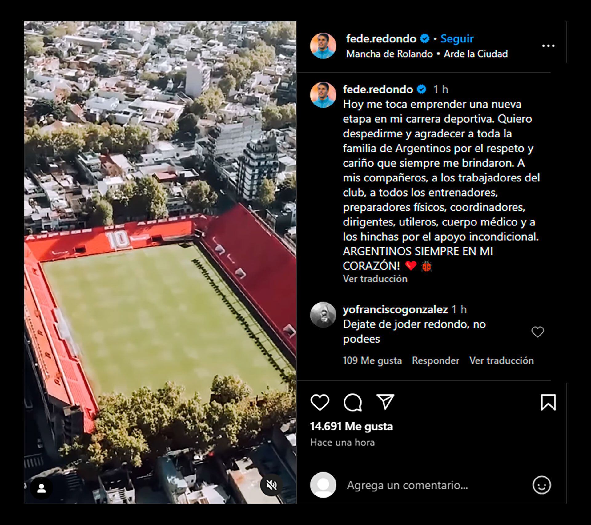 El video publicado por Federico Redondo para anunciar su adiós de Argentinos Juniors