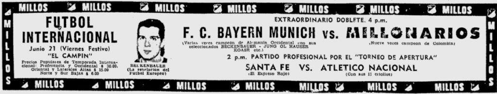 Volante promocional del amistoso Bayern vs. Millonarios con Beckenbauer destacado como figura - crédito Mundo Millos