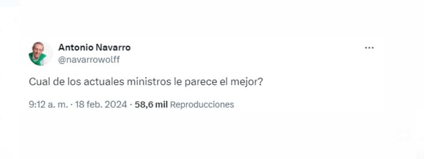 Antonio Navarro Wolff interactuó con sus seguidores y pregurnó por el mejor ministro del Gobierno de Gustavo Petro - crédito @navarrowolff/X