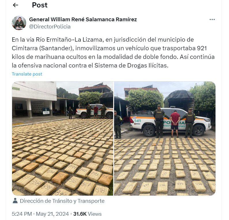 Director de la Policía anuncia que inmovilizaron un vehículo que trasportaba 921 kilos de marihuana ocultos en la modalidad de doble fondo - crédito @DirectorPolicia