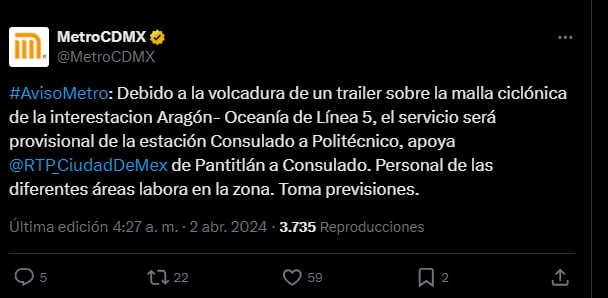 Hoy en la Ciudad de México, los sistemas de Metro y Metrobus están brindando asistencia por un incidente de volcado de remolque en la interestación Aragón-Oceanía en la Línea 5.