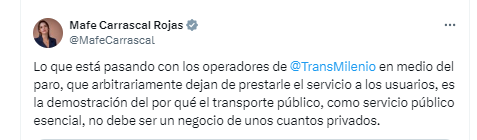 La congresista María Fernanda Carrascal aseguró que hay operadores de TransMilenio que decidieron, de manera arbitraria, no prestar el servicio - crédito @MafeCarrascal/X