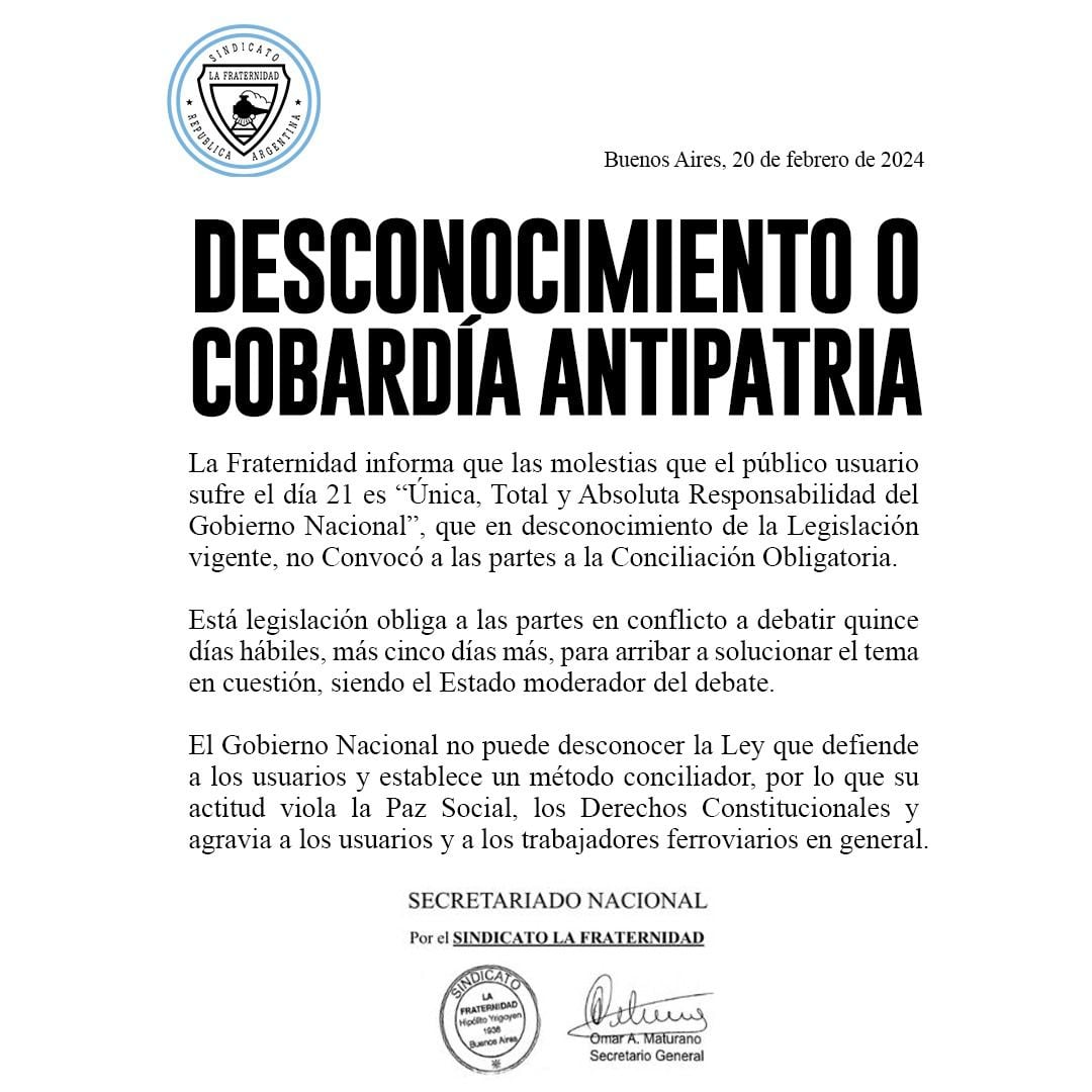 Comunicado de La Fraternidad paro de trenes 21 de febrero de 2024