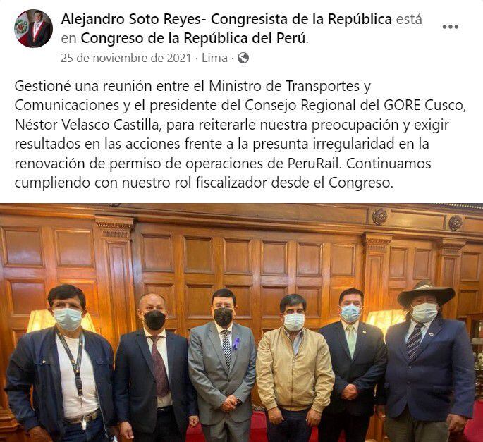 Publicación donde confirma la gestión de una reunión relacionada a las presuntas irregularidades en la ampliación del permiso de operaciones a Peru Rail, empresa que asesoró por casi una década. | Alejandro Soto / Facebook