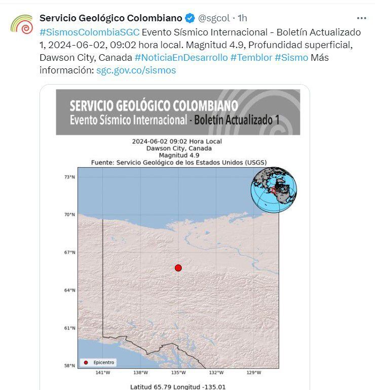 Servicio Geológico Colombiano informa con respecto a un evento sísmico en Canadá - crédito @sgcol